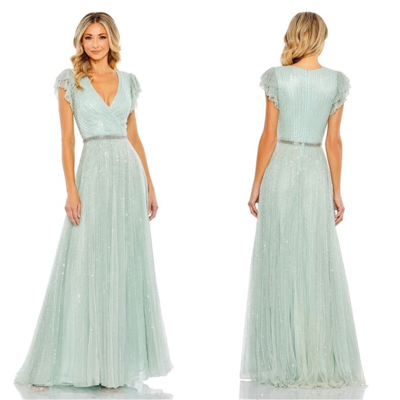 Mac Duggal 5502 Sequined Wrap Over Ruffled Cap Sleeve Gown NWT Seamist